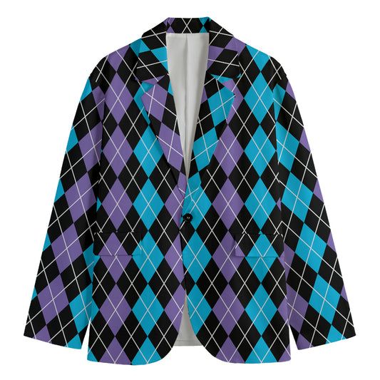 Black Purple And Blue Argyle Print Men's Blazer