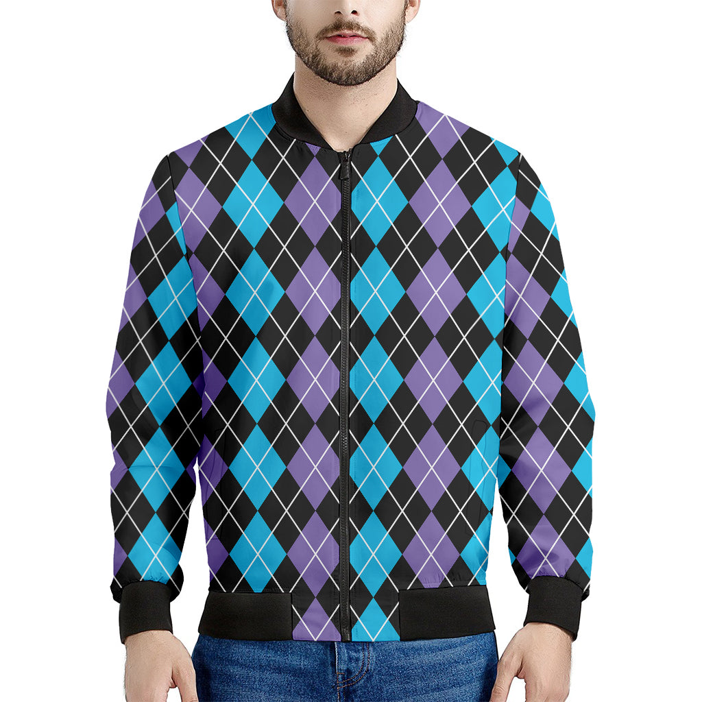 Black Purple And Blue Argyle Print Men's Bomber Jacket