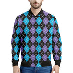 Black Purple And Blue Argyle Print Men's Bomber Jacket