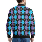 Black Purple And Blue Argyle Print Men's Bomber Jacket