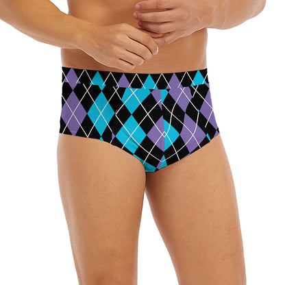 Black Purple And Blue Argyle Print Men's Briefs