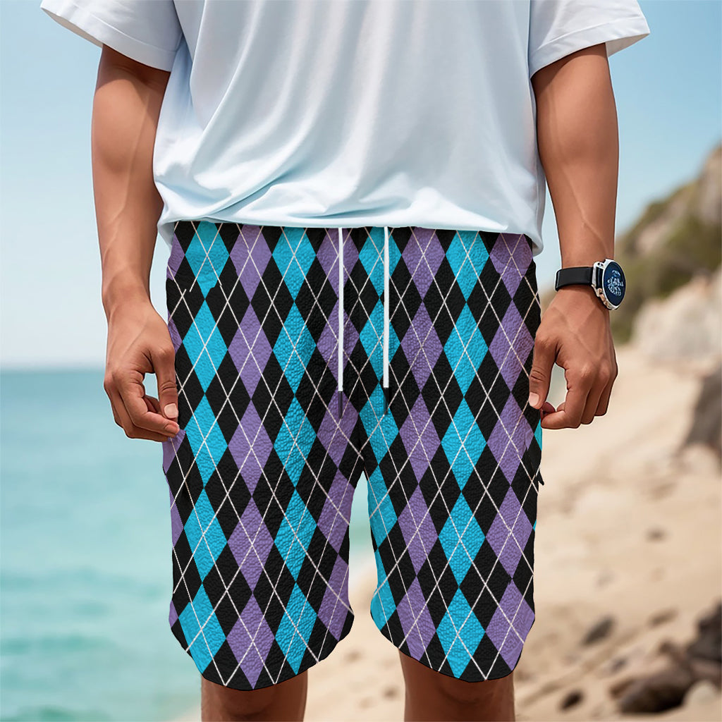Black Purple And Blue Argyle Print Men's Cargo Shorts