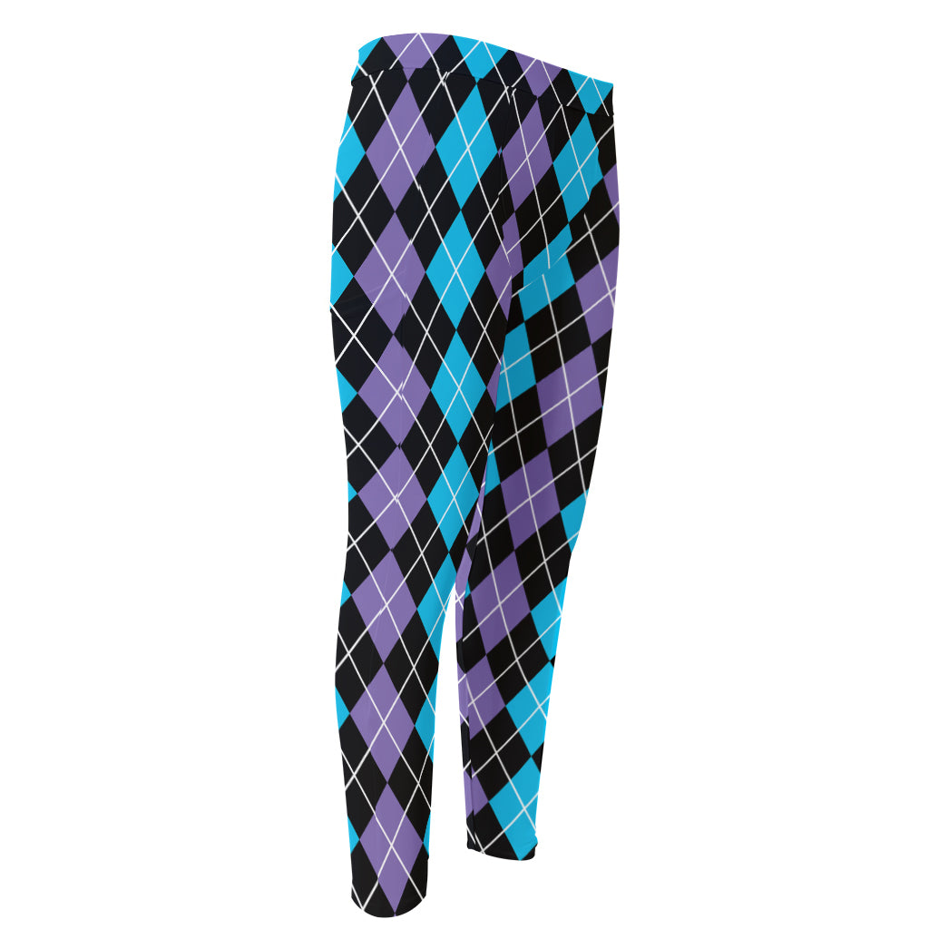 Black Purple And Blue Argyle Print Men's Compression Pants