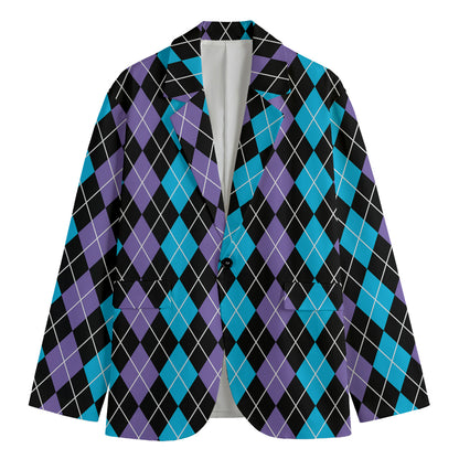 Black Purple And Blue Argyle Print Men's Cotton Blazer