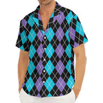 Black Purple And Blue Argyle Print Men's Deep V-Neck Shirt