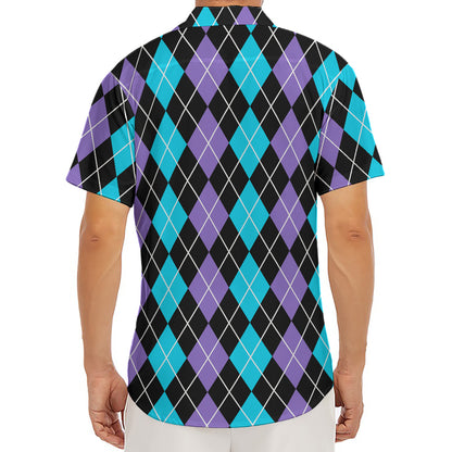Black Purple And Blue Argyle Print Men's Deep V-Neck Shirt