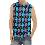 Black Purple And Blue Argyle Print Men's Fitness Tank Top