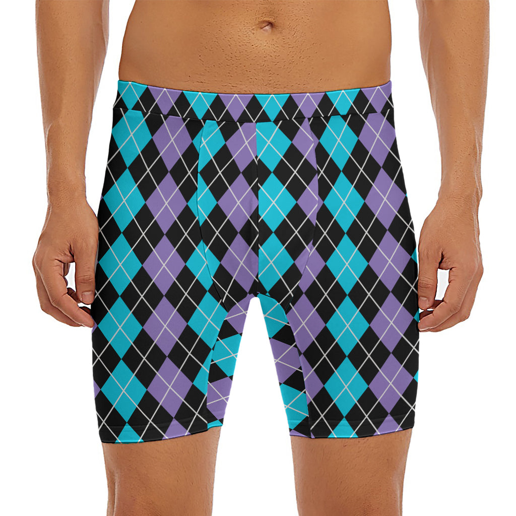 Black Purple And Blue Argyle Print Men's Long Boxer Briefs