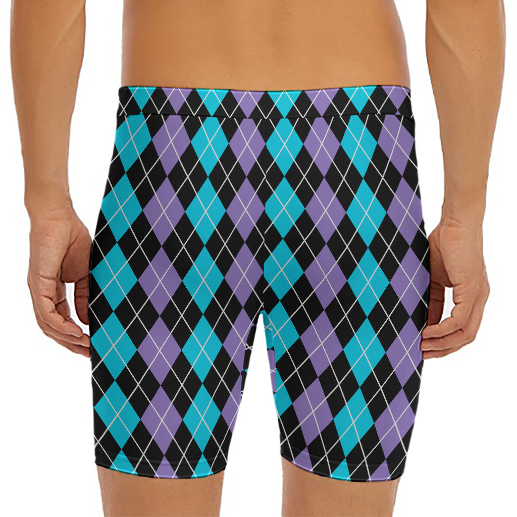 Black Purple And Blue Argyle Print Men's Long Boxer Briefs
