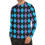 Black Purple And Blue Argyle Print Men's Long Sleeve Rash Guard