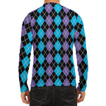 Black Purple And Blue Argyle Print Men's Long Sleeve Rash Guard