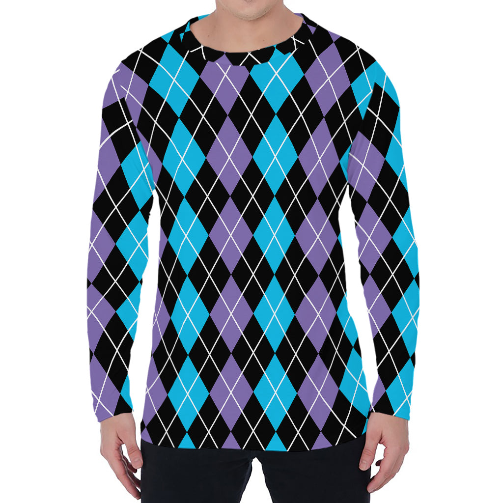 Black Purple And Blue Argyle Print Men's Long Sleeve T-Shirt