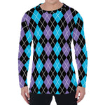 Black Purple And Blue Argyle Print Men's Long Sleeve T-Shirt