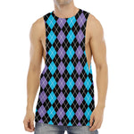 Black Purple And Blue Argyle Print Men's Muscle Tank Top
