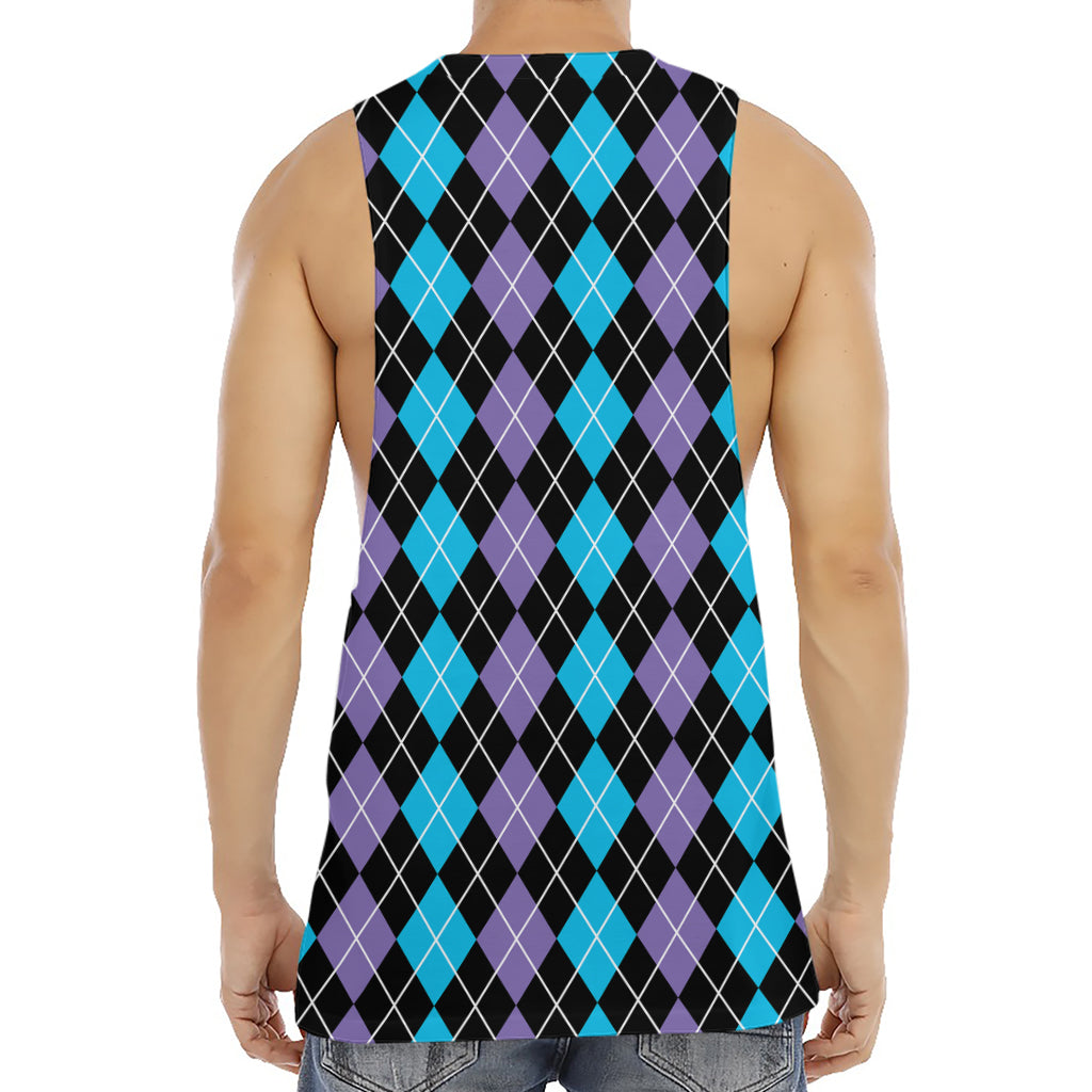 Black Purple And Blue Argyle Print Men's Muscle Tank Top