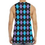 Black Purple And Blue Argyle Print Men's Muscle Tank Top
