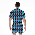 Black Purple And Blue Argyle Print Men's Rompers