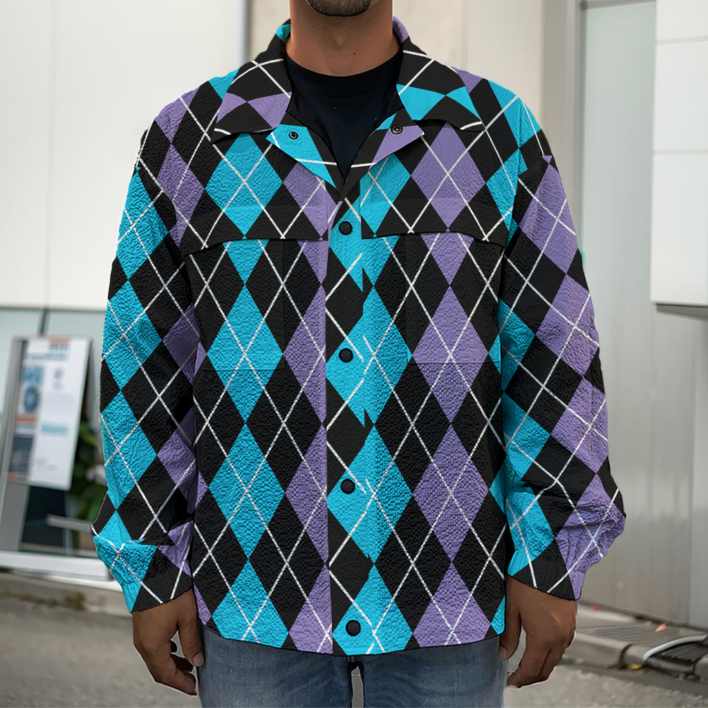 Black Purple And Blue Argyle Print Men's Shirt Jacket