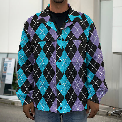 Black Purple And Blue Argyle Print Men's Shirt Jacket