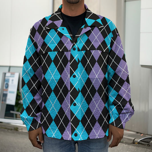 Black Purple And Blue Argyle Print Men's Shirt Jacket