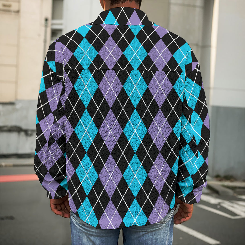Black Purple And Blue Argyle Print Men's Shirt Jacket