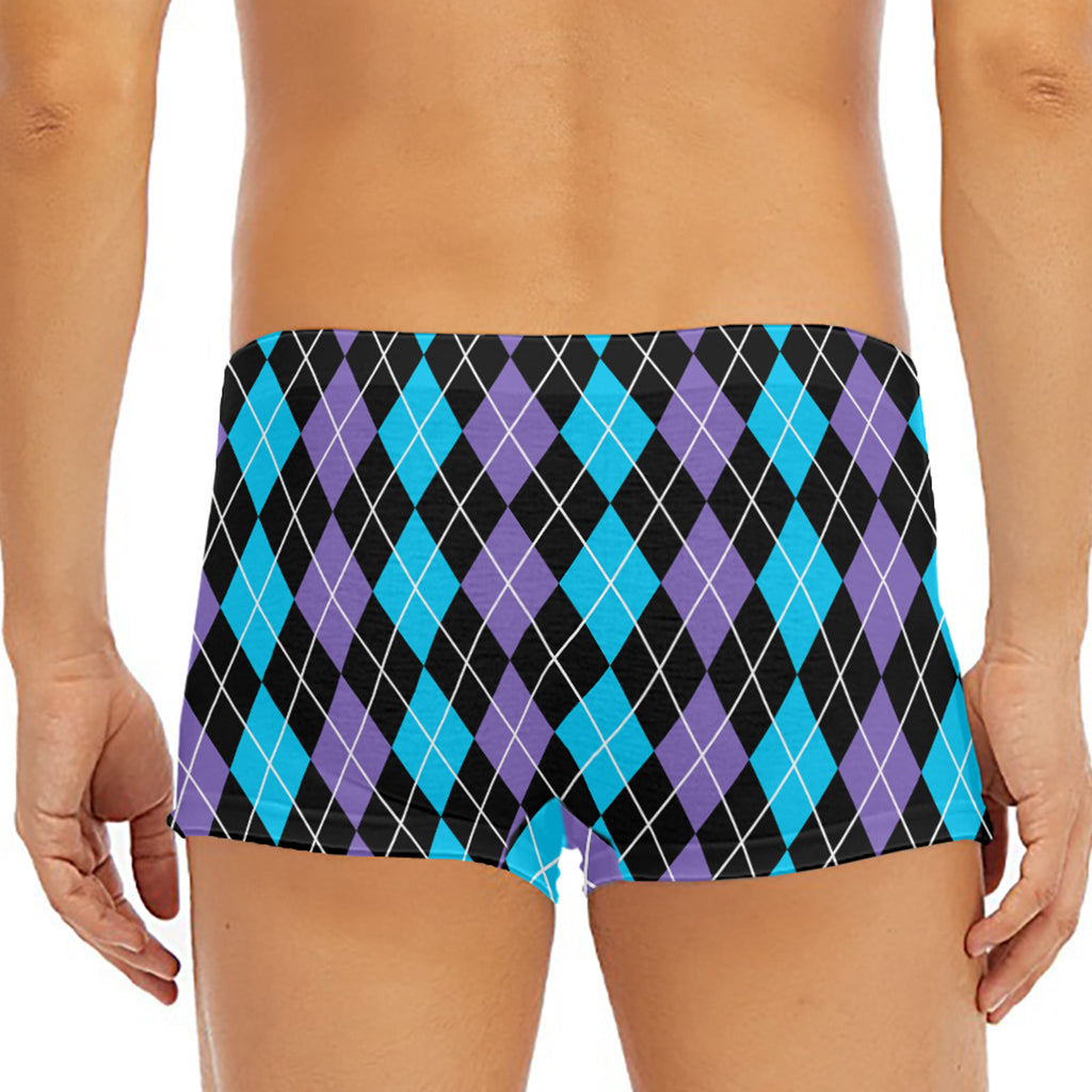 Black Purple And Blue Argyle Print Men's Short Boxer Briefs
