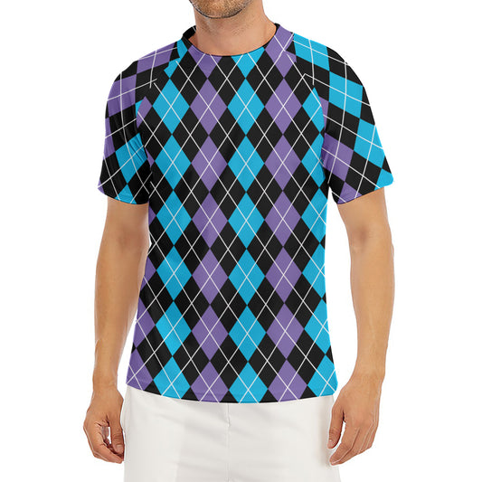 Black Purple And Blue Argyle Print Men's Short Sleeve Rash Guard