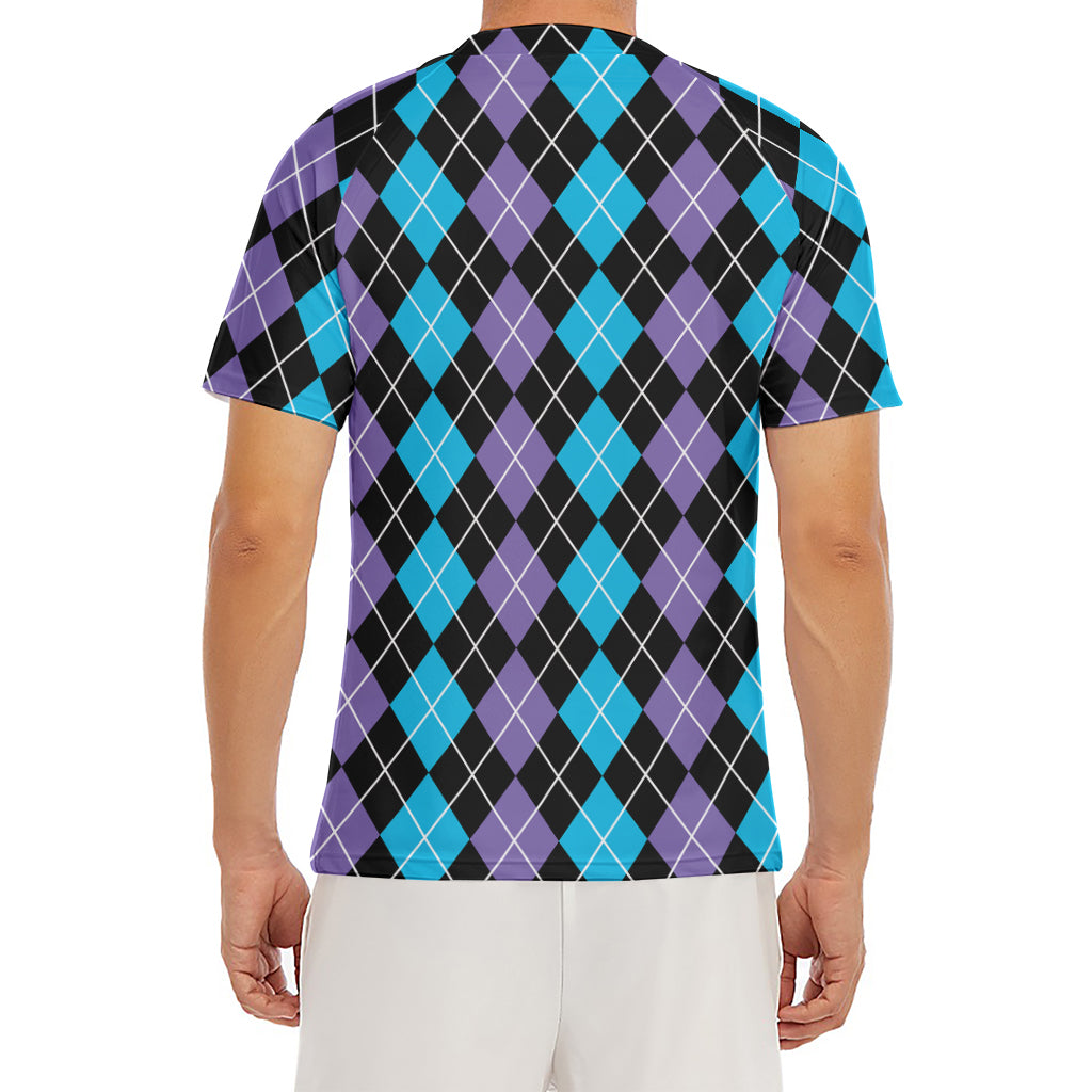 Black Purple And Blue Argyle Print Men's Short Sleeve Rash Guard