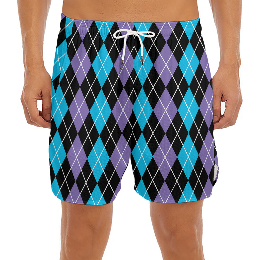 Black Purple And Blue Argyle Print Men's Split Running Shorts
