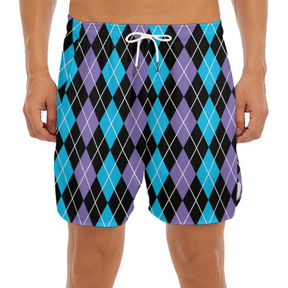 Black Purple And Blue Argyle Print Men's Split Running Shorts