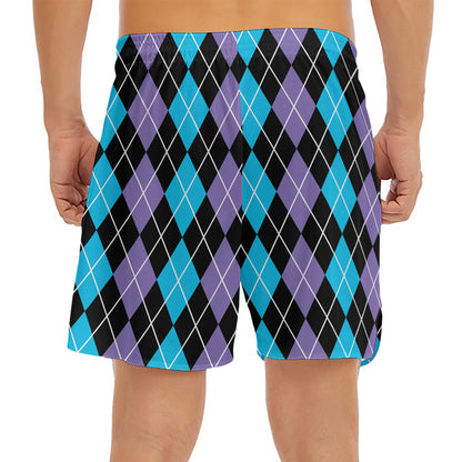 Black Purple And Blue Argyle Print Men's Split Running Shorts