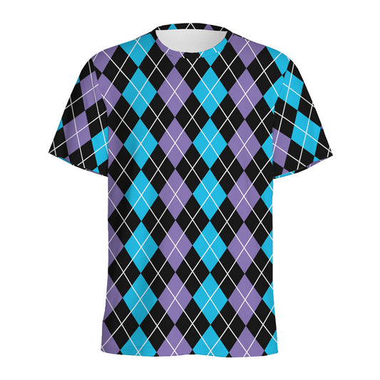 Black Purple And Blue Argyle Print Men's Sports T-Shirt