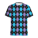 Black Purple And Blue Argyle Print Men's Sports T-Shirt