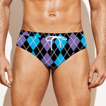 Black Purple And Blue Argyle Print Men's Swim Briefs