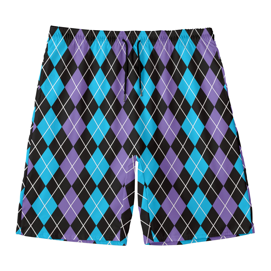 Black Purple And Blue Argyle Print Men's Swim Trunks