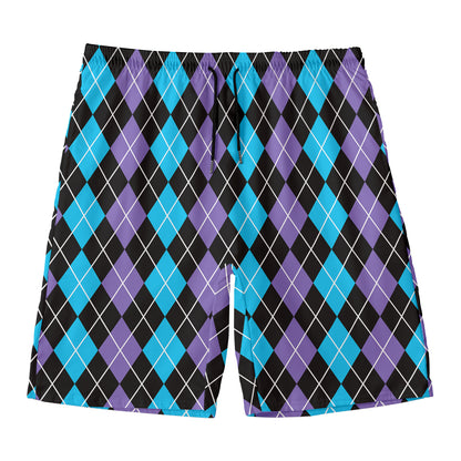 Black Purple And Blue Argyle Print Men's Swim Trunks