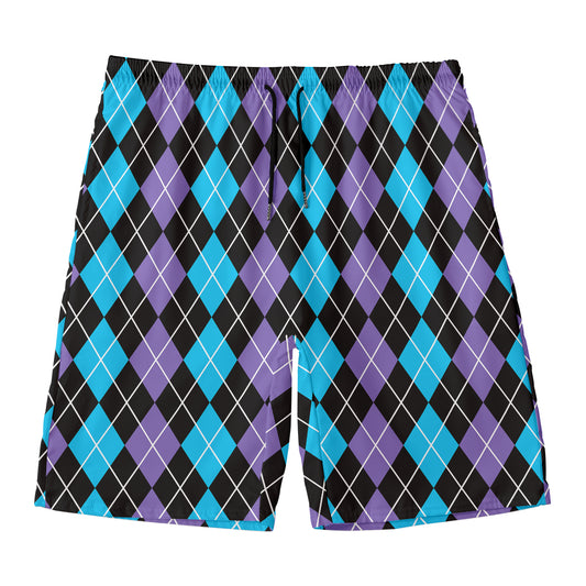 Black Purple And Blue Argyle Print Men's Swim Trunks