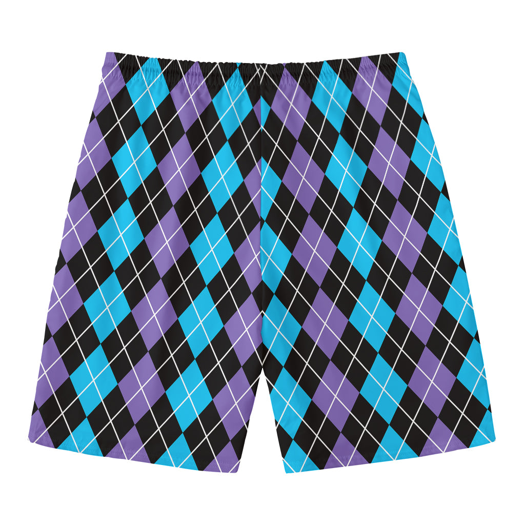Black Purple And Blue Argyle Print Men's Swim Trunks