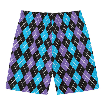 Black Purple And Blue Argyle Print Men's Swim Trunks