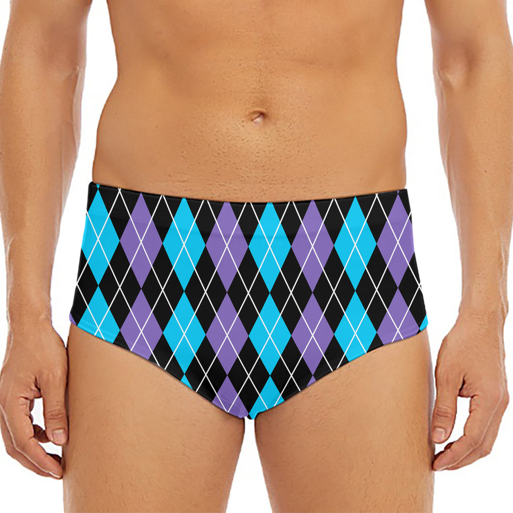 Black Purple And Blue Argyle Print Men's Triangle Swim Briefs