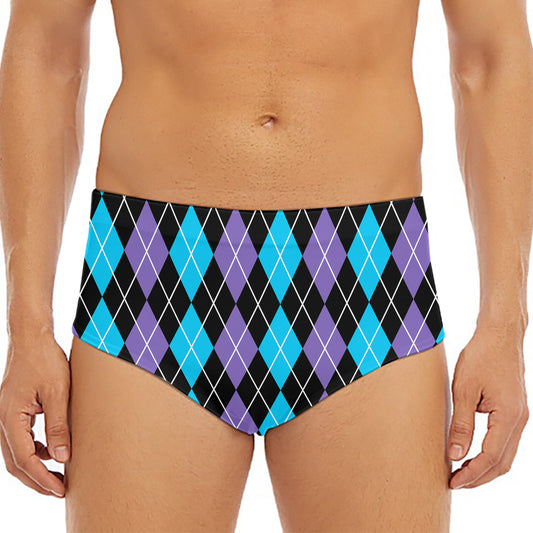 Black Purple And Blue Argyle Print Men's Triangle Swim Briefs