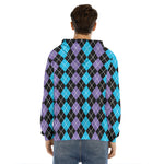 Black Purple And Blue Argyle Print Men's Velvet Pullover Hoodie