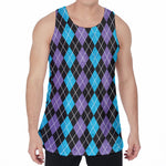 Black Purple And Blue Argyle Print Men's Velvet Tank Top