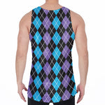 Black Purple And Blue Argyle Print Men's Velvet Tank Top
