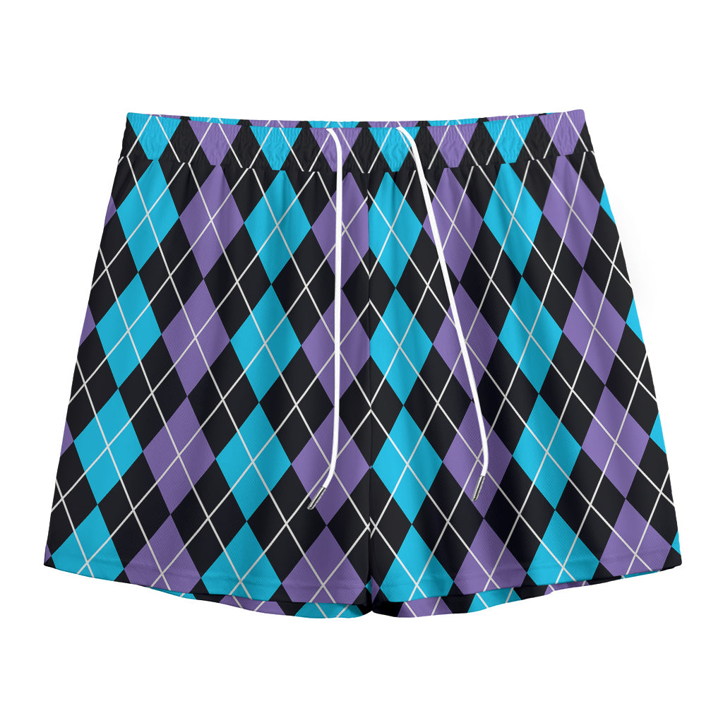 Black Purple And Blue Argyle Print Mesh Shorts