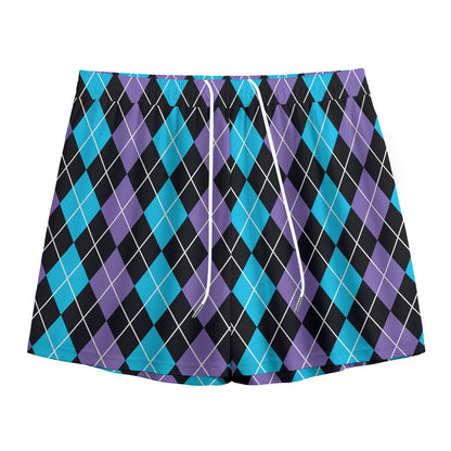 Black Purple And Blue Argyle Print Mesh Shorts
