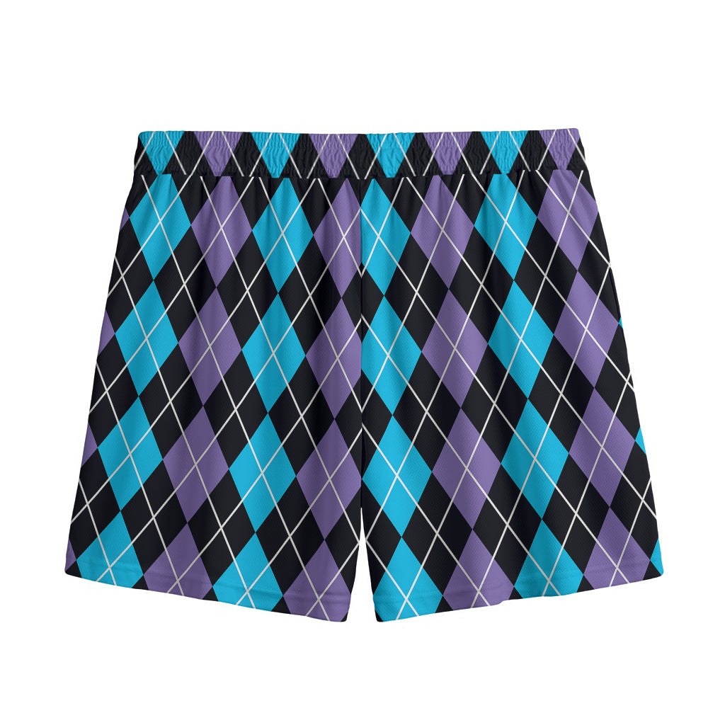 Black Purple And Blue Argyle Print Mesh Shorts