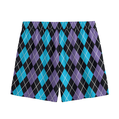 Black Purple And Blue Argyle Print Mesh Shorts