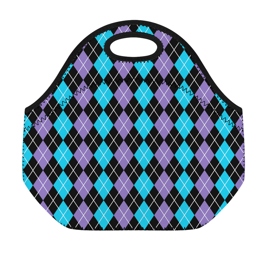 Black Purple And Blue Argyle Print Neoprene Lunch Bag
