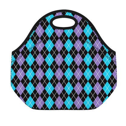 Black Purple And Blue Argyle Print Neoprene Lunch Bag